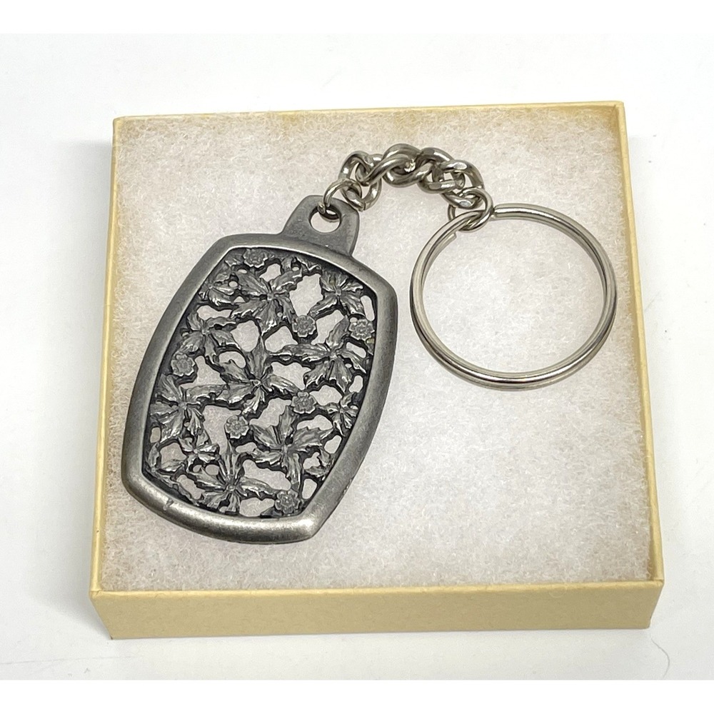 Vintage 1991 Kakapo Pewter Key Chain Fob Ring Floral Filigree
